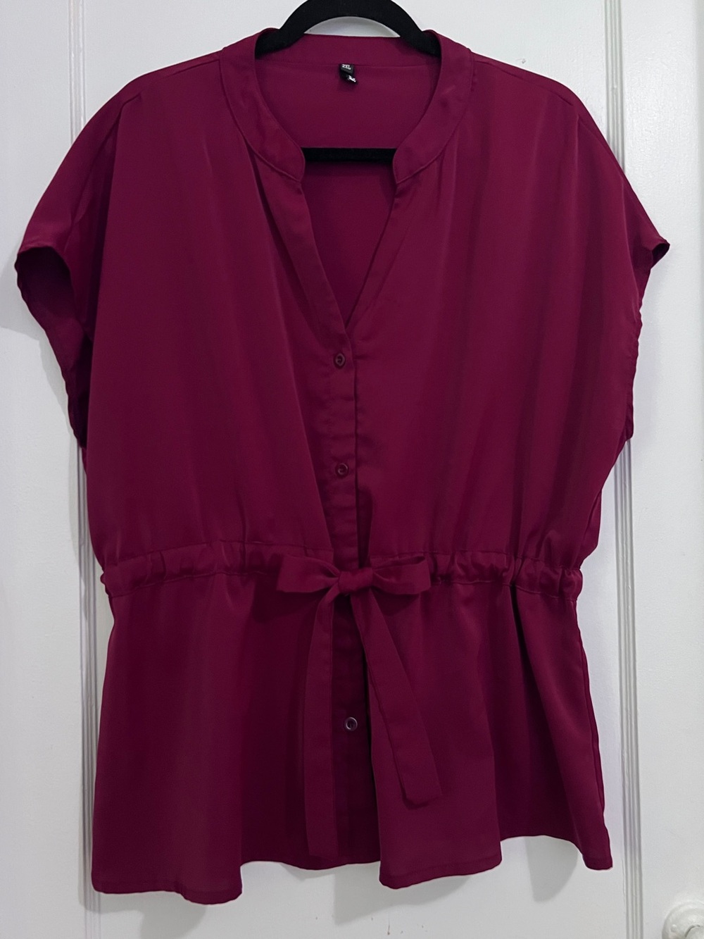 CiCiBird Peplum Top Red 2X Chiffon Tie-Waist Short Sleeve Blouse